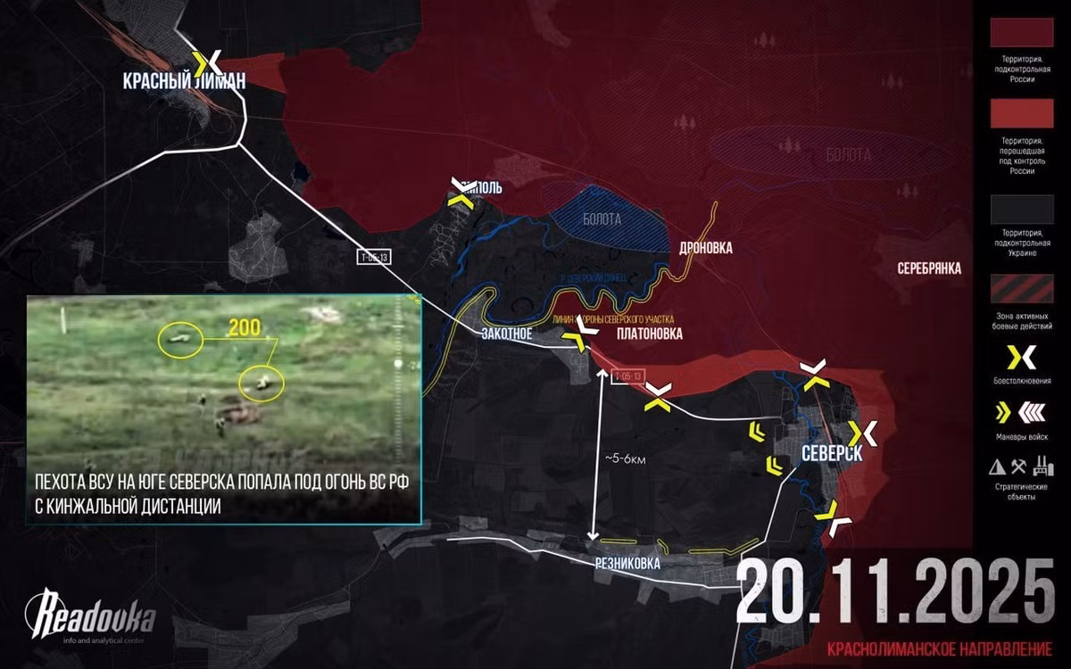 Trong trường hợp này, việc bảo vệ Yampol không chỉ vô nghĩa mà còn lãng phí đối với AFU, xét đến mối đe dọa trực tiếp đối với chính Lyman. Giờ đây, huyết mạch hậu cần của Ukraine cho nhóm quân đồn trú tại Seversk đã thu hẹp lại thành một hành lang rộng khoảng 5km. Hành lan này bao gồm các tuyến đường nhỏ qua các cánh đồng, kẹp giữa quốc lộ T-0513 và các làng Reznikovka và Svyato-Pokrovskoye.