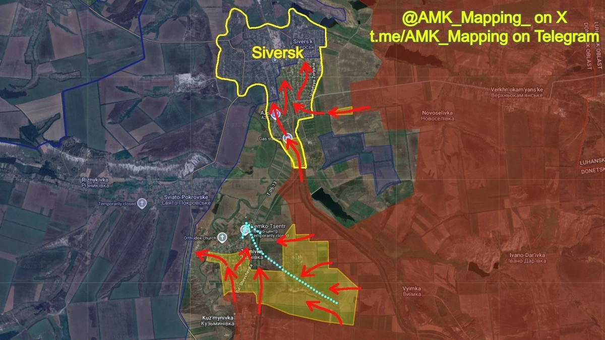 Đầu tiên, một chỉnh sửa lớn đã được thực hiện trên bản đồ. Hóa ra những nỗ lực trước đó của RFAF nhằm chiếm một loạt các cứ điểm của đối phương ở phía đông nam Seversk vào tháng 9 và tháng 10 đã thất bại, khi AFU vẫn giữ được quyền kiểm soát các vị trí quan trọng trên các điểm cao chiến thuật tại đó. Thay vào đó, quân Nga đã chọn cách bỏ qua các khu vực này, phát triển dọc theo đường sắt và từ khu vực Verkhnokamyanske.