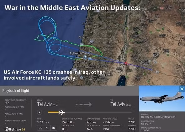Theo phần mềm ứng dụng theo dõi chuyến bay Flightradar24, từ 14h đến 20h giờ địa phương ngày 6/3, bảy máy bay tiếp nhiên liệu KC-135 của Mỹ đã cất cánh và hạ cánh tại sân bay Quốc tế Ben Gurion ở Tel Aviv. Đường bay của các máy bay này đã bị lộ trên khu vực phía bắc Vịnh Ba Tư.
