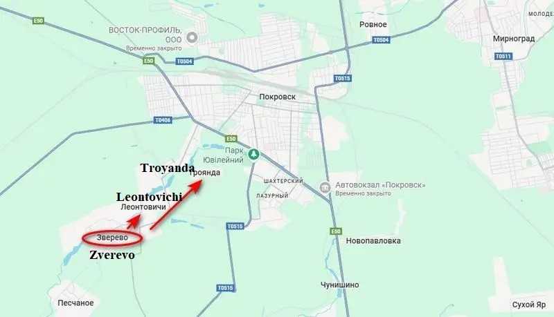 Hãng tin TASS, dẫn lời chuyên gia quân sự Nga Andrei Marochko cho biết, các đơn vị xung kích thuộc Cụm quân Trung tâm của quân đội Nga (RFAF) đã áp sát thành phố Pokrovsk từ phía nam. Sau khi chiếm ngôi làng Zverevo, quân Nga bắt đầu đột phá tới các làng lân cận Leontovichi và Troyanda.