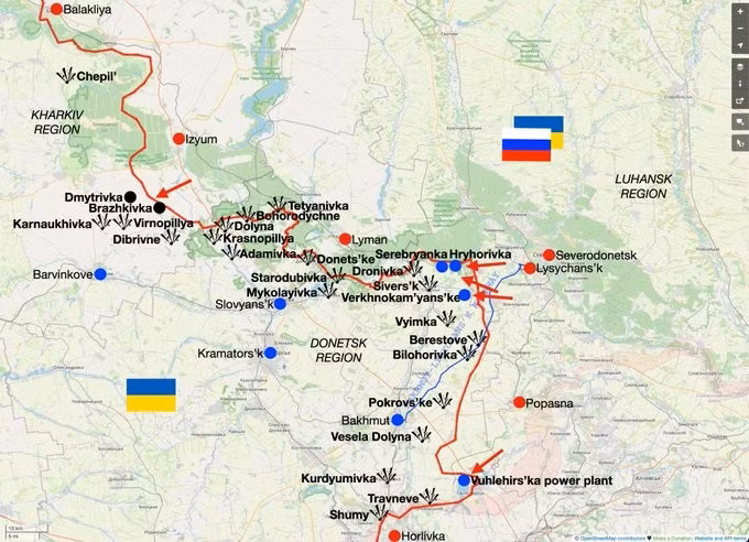 Chiến dịch tấn công tổng lực của RFAF vào Lyman, đã làm suy giảm khả năng phòng thủ của Quân đội Ukraine (AFU) trên toàn bộ tuyến “Vòng cung phòng thủ Donetsk”, được bắt đầu từ Izyum. Quân đội Ukraine đang rút lui khỏi khu vực nhà dân ở phía tây bắc thành phố, tập trung phòng thủ ở cả 2 bờ hồ Lyman, gần làng Drobyshevo.
