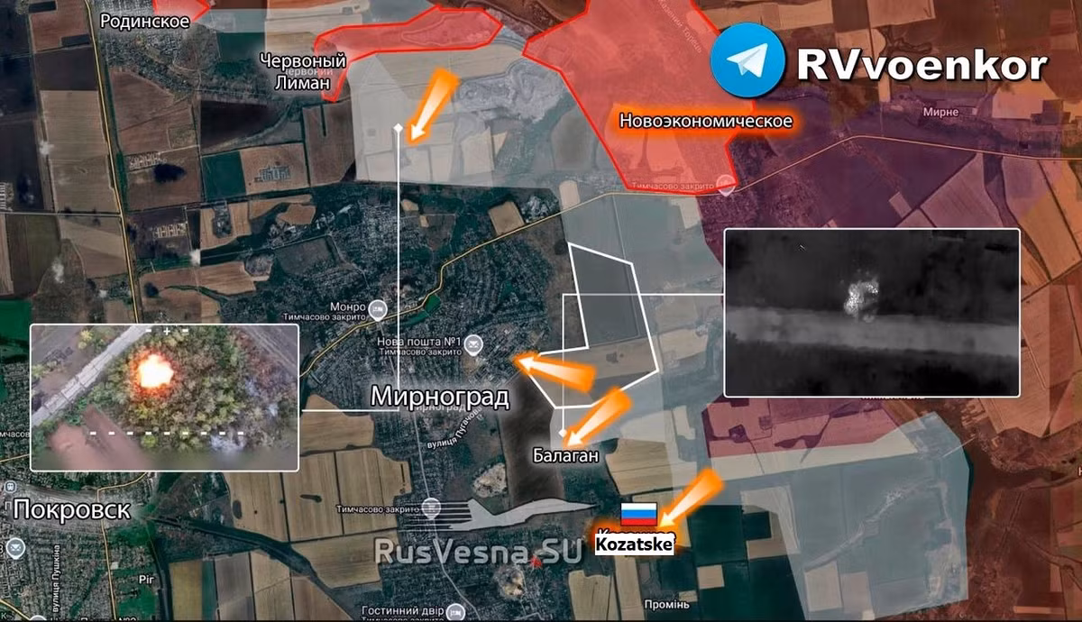 RFAF tiếp tục sử dụng chiến thuật kết hợp bao vây và chia cắt. Sau khi RFAF giành quyền kiểm soát làng Kozatske (Nga gọi là Moskovskoye) và tiến vào Mirnohrad từ phía đông, quân đồn trú Ukraine có ít cơ hội cơ động và tổ chức lại các vị trí phòng thủ. Tuy nhiên, quân Ukraine vẫn kháng cự quyết liệt.