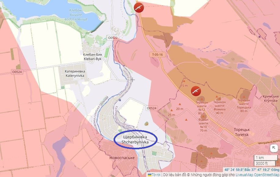 Các đơn vị của RFAF đã giành được chỗ đứng ở vùng ngoại ô phía nam và phía đông của khu định cư Shcherbinovka, nằm ở phía tây thành phố Toretsk, và là tuyến phòng thủ phía nam của Konstantinovka. Hỏa lực và các cuộc tấn công liên tục của RFAF, đang đe dọa sự ổn định của hệ thống phòng thủ của AFU tại đây.