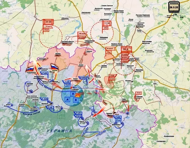 Việc quân đội Nga kiểm soát làng Vladimirovka và Belovody, cho thấy họ đã hoàn toàn vượt qua tuyến phòng thủ đầu tiên của AFU tại khu vực này của tỉnh Sumy (tuyến Veselivka - Zhuravka – Basivka), và đã bắt đầu vượt qua tuyến thứ hai: Vladimirivka - Yablonivka - Yunakivka. Các đơn vị của Cụm quân phía Bắc RFAF, đang tiến vào tuyến phòng thủ thứ hai của AFU, bị chia cắt ở giữa bởi sông Snagost.