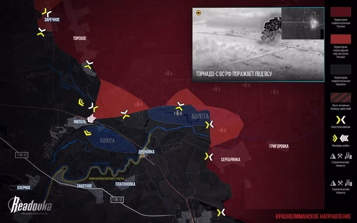 Theo kênh Readovka, sau khi kiểm soát vùng rừng Serebryanka rộng lớn, quân Nga đột phá vào làng Yampol và đang tiến về tuyến đường tiếp tế T0513 chạy từ Lyman tới Siversk. Như vậy có thể thấy, RFAF đang tiến vào khu vực trung tâm mặt trận Lyman và toàn bộ khu rừng Serebryanka rộng lớn phía sau lưng quân Nga, đã hoàn toàn sạch bóng quân Ukraine.