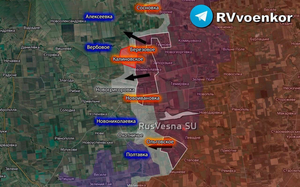 Tình hình tác chiến của của Cụm quân phía Đông (Cụm Vostok): Nguồn tin từ blogger Ukraine Mukhnoy viết rằng, làng Novogrigorovka gần như hoàn toàn nằm dưới sự kiểm soát của Nga. Các ngôi làng nhỏ Krasnogorskoye và Rybnoye sẽ không thể giữ vững mặt trận lâu dài. Các cứ điểm của AFU tại đây bị bom FAB UMPK phá hủy. Muchnoy viết: "Điều này tạo cơ hội cho kẻ thù (RFAF) tiến xa hơn, thực chất là chuẩn bị một hành lang trực tiếp cho chúng vào sâu trong vùng Dnipropetrovsk".