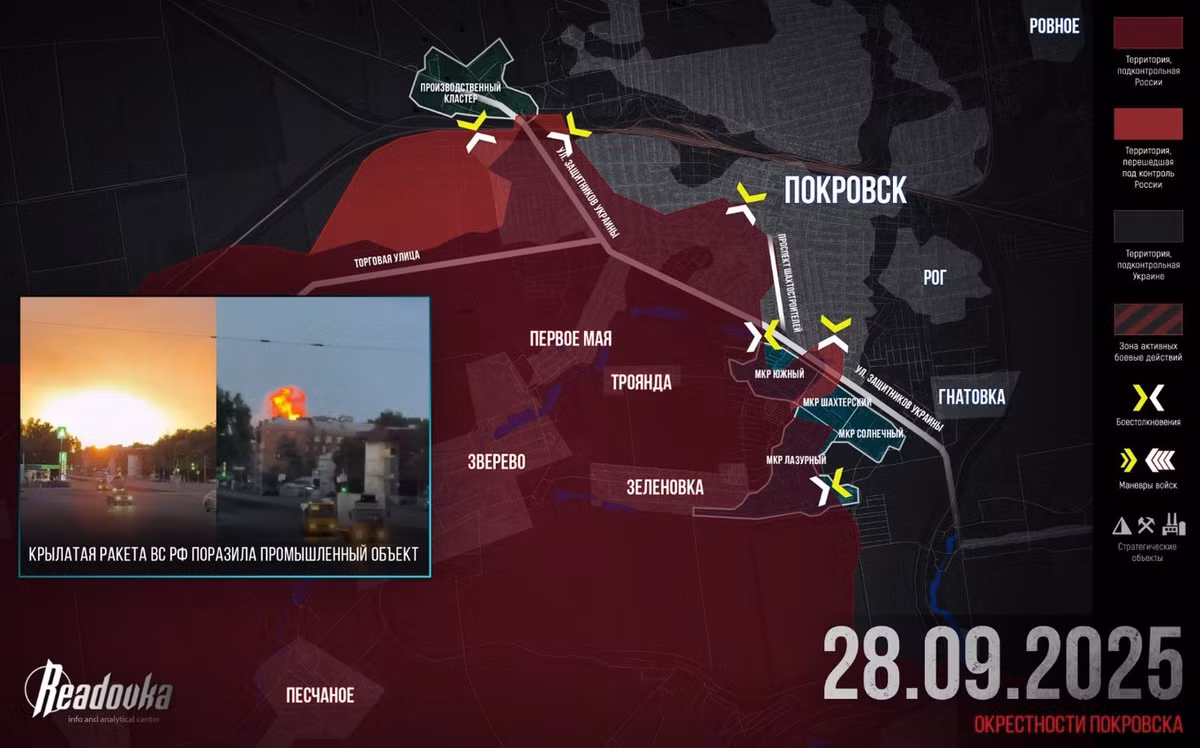 Ở phía tây bắc Pokrovsk, cuộc tấn công của Nga vào khu công nghiệp thậm chí còn dữ dội hơn. Ý đồ chiến lược của họ rất rõ ràng: nếu một cuộc đột phá ở mặt trận phía bắc bị chặn lại, họ sẽ lợi dụng khoảng trống từ phía tây, tiến thẳng về phía Grichino và hoàn tất việc bao vây Pokrovsk.