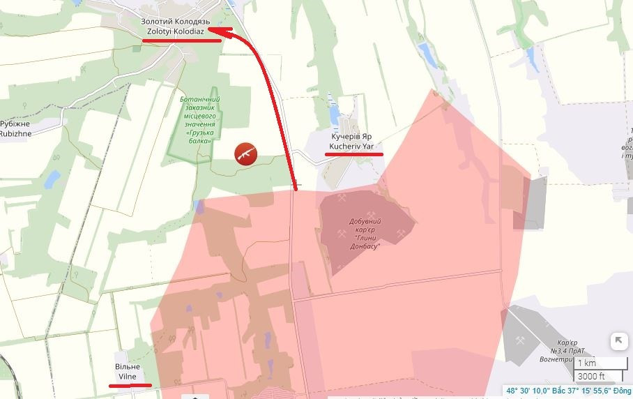 Cùng lúc đó, quân Nga tiến về phía tây Shahove, tấn công từ Kucheriv Yar theo ba hướng: về phía bắc, họ xâm nhập Vesele và tiến vài km dọc theo ba vành đai rừng; về phía tây, họ cắt đứt tuyến đường tiếp tế của Ukraine tới Kucheriv Yar và gần đến vùng ngoại ô phía đông của Zolotyi Kolodyaz; về phía đông, họ cũng tiến 2,5 km.