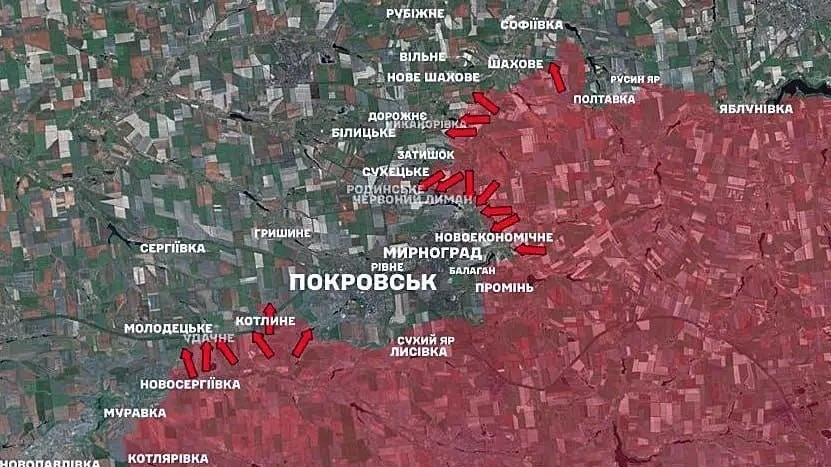 Một binh lính Ukraine trong vòng vây ở Myrnohrad đã viết: "Chúng tôi sắp hết quân, hãy thay thế chúng tôi". Tuy nhiên, không thấy bóng dáng quân tiếp viện nào; nhưng Kiev vẫn tiếp tục tuyên bố rằng, Lực lượng Vũ trang Ukraine (AFU) vẫn kiểm soát một phần Pokrovsk.