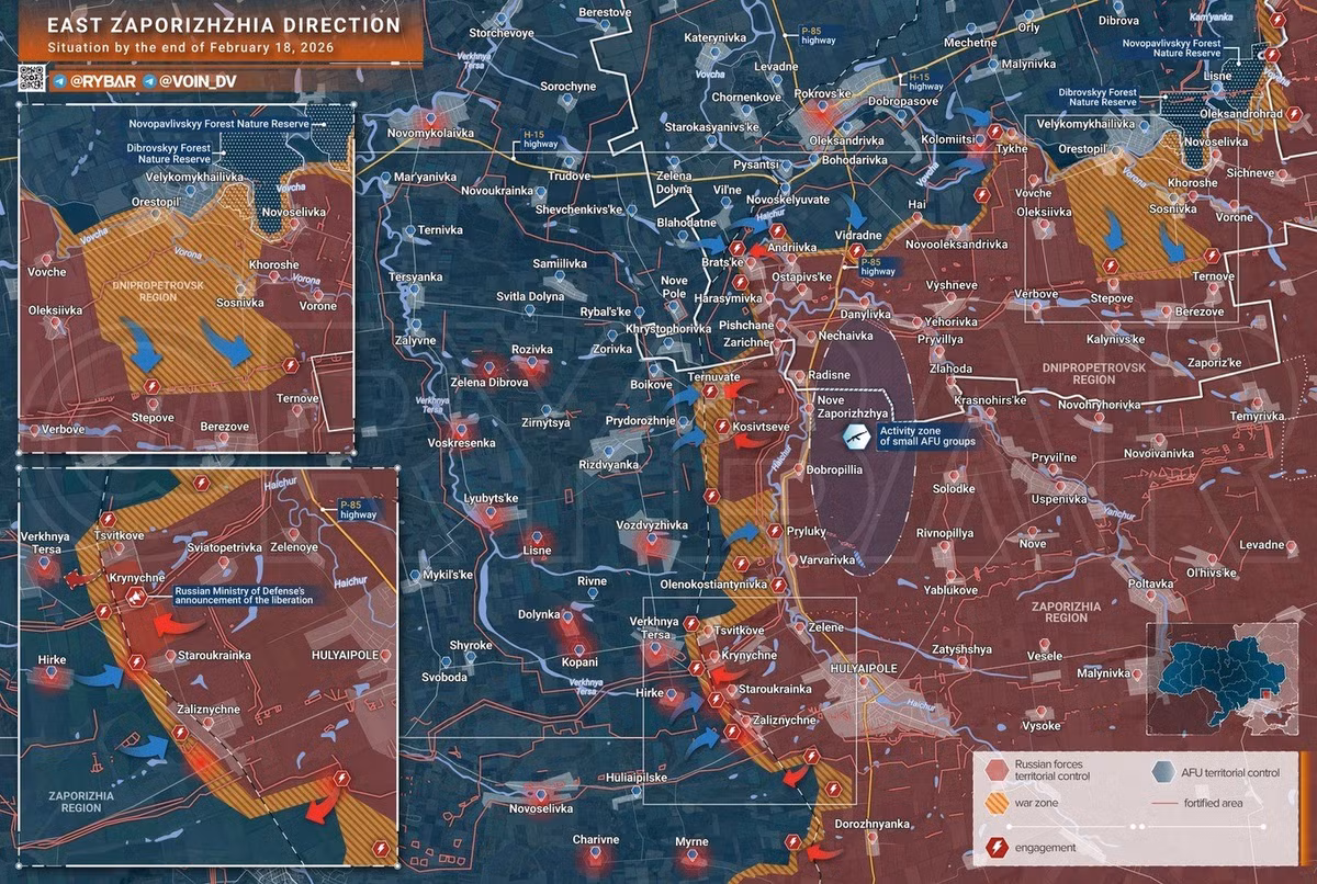 Theo kênh Voin DV, hoạt động tấn công của Quân đội Ukraine (AFU) trong khu vực tác chiến của Cụm Vostok của Quân đội Nga (RFAF) đã giảm mạnh, và quân Ukraine đang dần “yếu lực”. Các nhóm tấn công của AFU chỉ thực hiện hai cuộc phản công không thành công vào ngày 16/2 trên hướng Bratskoye và Gai, trong khi những ngày đầu của "chiến dịch phản công mùa xuân" của AFU, số lượng các cuộc phản công đã lên tới 13.