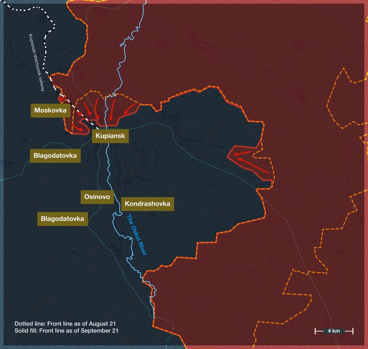 Theo các nguồn tin của cả Nga và Ukraine, quân đội Nga và Ukraine đang giao tranh ác liệt tại thành phố Kupyanskoye, nằm ở phía đông nam tỉnh Kharkov. Tình hình đang trở nên xấu đi, buộc quân đội Ukraine (AFU) phải bắt đầu sơ tán. Đáng chú ý, một số đơn vị chiến đấu đã không thể liên lạc với cấp trên do phương tiện liên lạc bị Nga gây nhiễu.