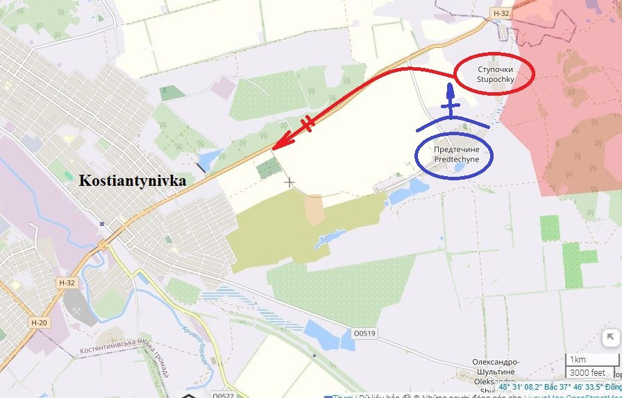 Sau khi kiểm soát Stupochki, nhiệm vụ của Cụm quân phía Nam RFAF chính là chiếm làng Predtechino, đây sẽ là đầu cầu để giúp họ tiếp cận thành phố Konstantinovka từ phía đông. Nhưng đánh giá từ việc quân Nga giành quyền kiểm soát Stupochki, không dễ để họ có thể kiểm soát làng Predtechino, vì phía sau Predtechino là Kostiantynivka. (nguồn ảnh Military Review, Liveuamap, Kyiv Post, Sputnik)