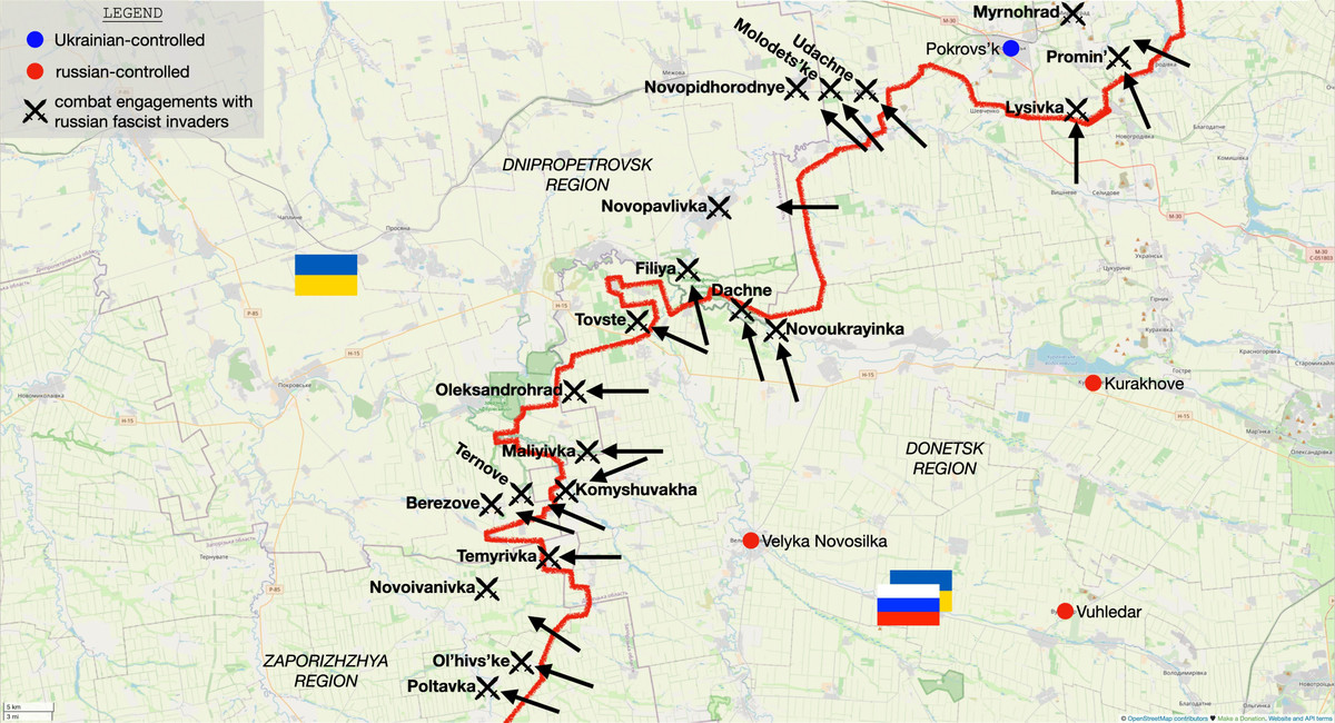 Khi mũi đột phá của RFAF, chiếm được các hàng cây gần khe núi phía bắc Ternove và bắt đầu tiến về phía tây nam hướng đến hàng cây phía bắc Berezove, quân Ukraine buộc phải rút khỏi ngôi làng. Kênh Rybar cho biết, RFAF tiếp tục phát tiến về phía tây qua tỉnh Zaporizhzhia và tiến hơn 5km đến làng Novoivanivka.