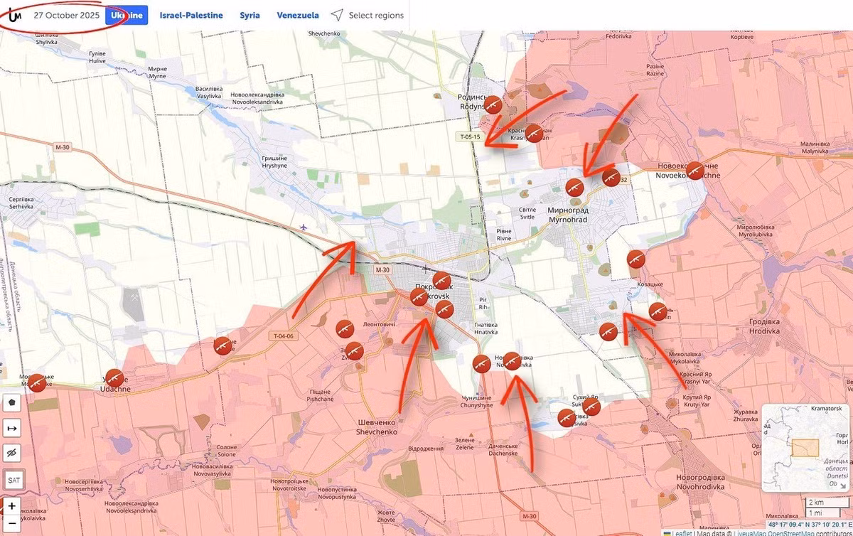 Kênh Military Summary cho biết, vòng vây lớn hình thành ở hướng Pokrovsk vào mùa hè năm 2025 đã dần bị RFAF siết chặt trong những tháng tiếp theo xung quanh khu vực Pokrovsk-Mirnograd. Các đơn vị Nga tiếp tục gây sức ép lên quân phòng thủ Ukraine, và dần dần, nó trở thành một nút thắt, với mục tiêu trở thành một cái vạc, tức là một vòng vây toàn diện.