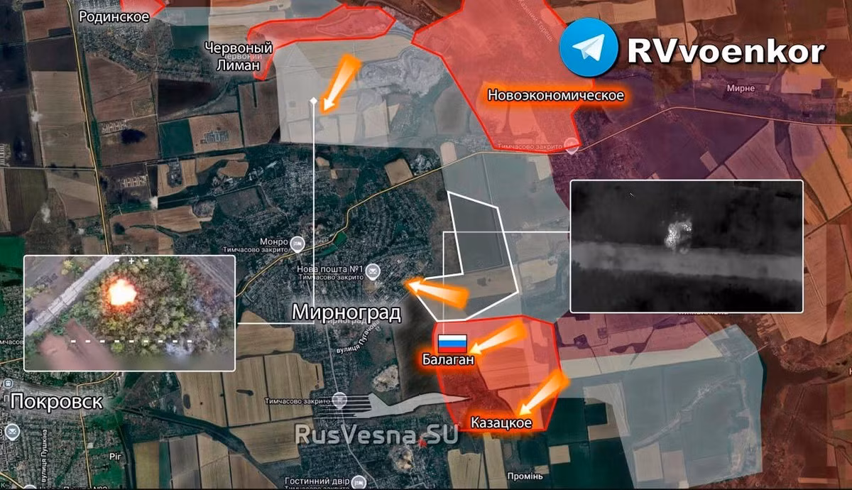 Kênh RVvoenkor nhận định, RFAF đã thu hẹp đáng kể vòng vây, siết chặt quân Ukraine trong thành phố. Phóng viên chiến trường kỳ cựu Marat Khairullin cho biết, sau khi giành được khu định cư Kozatske ở phía đông Myrnohrad hôm 13/10, chỉ trong vòng một ngày tiếp theo, quân Nga đã kiểm soát thêm làng Balahan nằm ở phía bắc Kozatske.