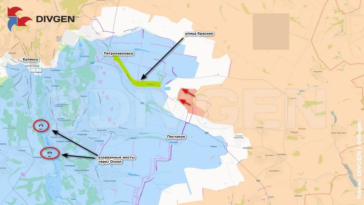 Tại đây, quân Nga đã xuyên thủng hệ thống phòng thủ của Ukraine, và tiếp tục mở rộng các vị trí đầu cầu. Nếu tiếp tục tiến công theo hướng này, quân Nga sẽ tiến đến hồ chứa nước Gnilitsa và sông Oskil, cũng như phố Krasnaya Petropavlivka. Hiện tại, khoảng cách giữa các vị trí mà quân Nga vừa chiếm được và vùng ngoại ô của ngôi làng này chưa đầy 2 km.