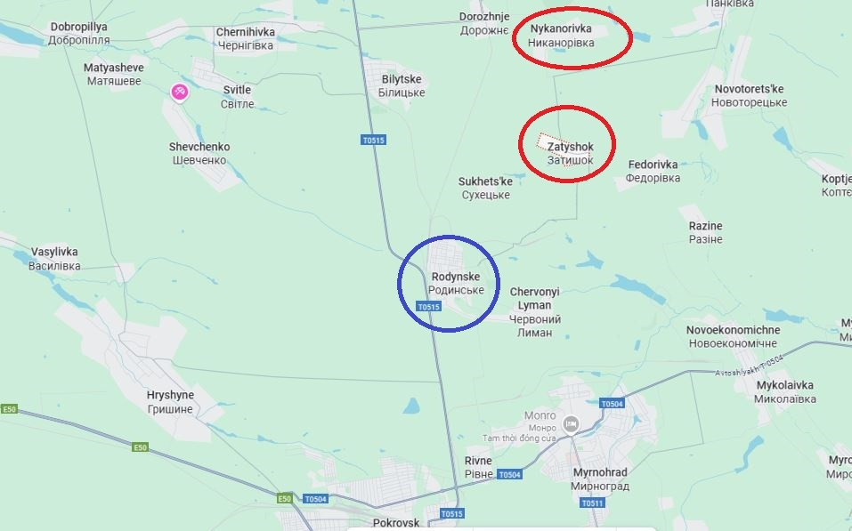 Ngày 13/8, Bộ Quốc phòng Nga cho biết, RFAF đã giành quyền kiểm soát các làng Nikanorovka và Zatyshok (Nga gọi là Suvorovo), nằm ở phía đông bắc thị trấn Rodinske, nơi bao phủ tuyến đường đến Dobropolye và giữ vai trò phòng thủ ở sườn phía bắc của toàn bộ cụm Pokrovsk của AFU.