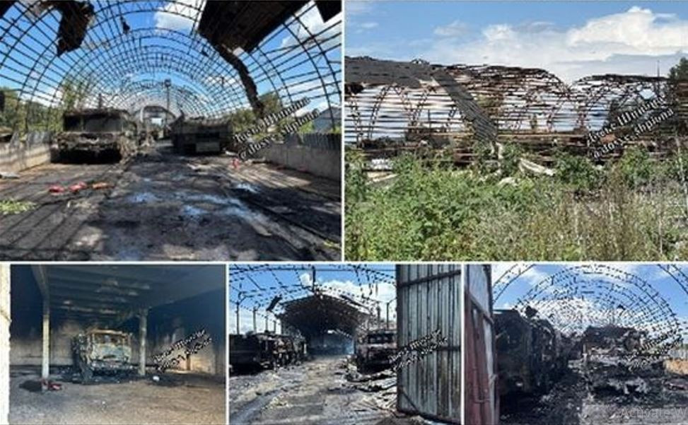 Trong ảnh, có thể đếm được 6 xe bị cháy rụi trên khung gầm MZKT-7930 và 1 xe nạp đạn KamAZ. Tại thời điểm công bố, câu hỏi về việc số xe bị phá hủy gồm bao nhiêu xe phóng và bao nhiêu xe chở đạn vẫn còn gây tranh cãi.