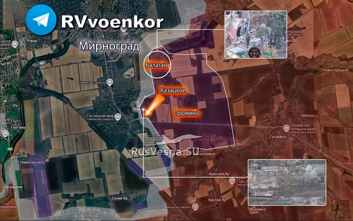 Các nhà nghiên cứu nguồn thông tin tình báo mở OSINT của Ukraine cho biết: "Các kíp điều khiển UAV Nga đã được phát hiện ở Balahan, điều này có thể cho thấy đối phương đã kiểm soát ngôi làng. Kazatske và Promin cũng đã bị chiếm giữ". Các vị trí của RFAF cũng được phát hiện ở trung tâm Mirnograd, nơi họ đang điều thêm lực lượng và củng cố vị trí, tiến xa hơn về phía tây.