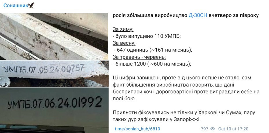 Nhưng trang Defence Express, dẫn nguồn tin từ tình báo Ukraine cho biết, có thể thấy quy mô sản xuất loại bom D-30SN đang tăng lên khá nhanh chóng. Điều này được chứng minh bằng số sê-ri trên xác những quả bom UMPB D-30SN, được công bố trên kênh Telegram dành riêng cho Không quân Ukraine.