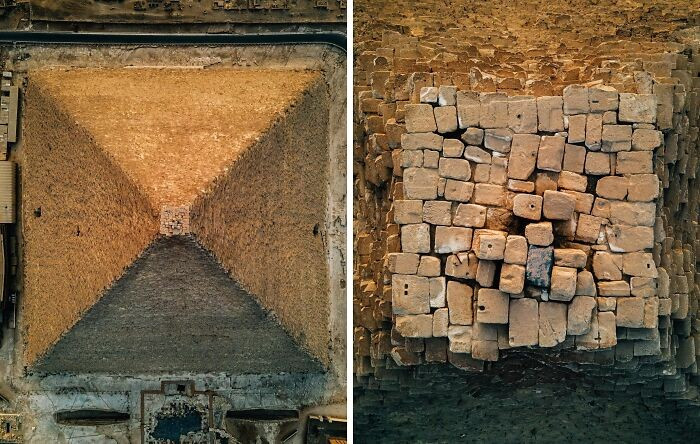 Đỉnh của Kim tự tháp Giza ở Ai Cập nhìn từ trên xuống.