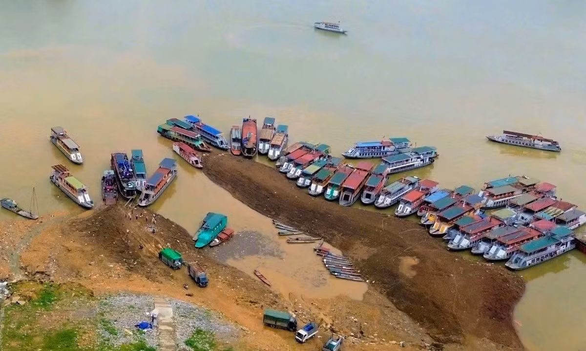 Hàng chục tàu du lịch nằm ken đặc sát mép bờ, có nhiều chiếc mắc cạn trên nền bùn đá. Lối lên xuống tàu là những bãi đất nứt nẻ, mấp mô.