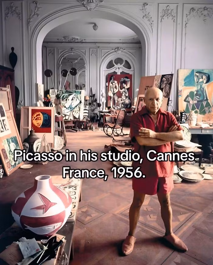 Họa sĩ Picasso trong studio của ông ở Pháp năm 1956.