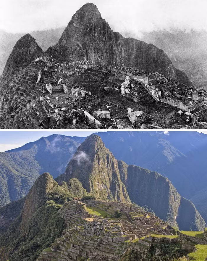 Machu Picchu, địa danh nổi tiếng ở Peru, năm 1912 (ảnh trên) so với năm 2023 (ảnh dưới).