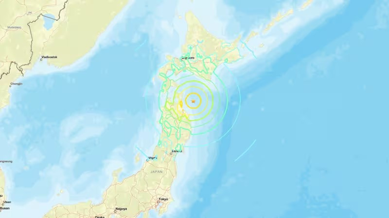 Theo AP, trận động đất mạnh 7,5 độ Richter xảy ra vào khoảng 23h15 tối 8/12 ở ngoài khơi Nhật Bản, cách bờ biển Aomori, đảo Honshu, khoảng 80 km. Ảnh: USGS.