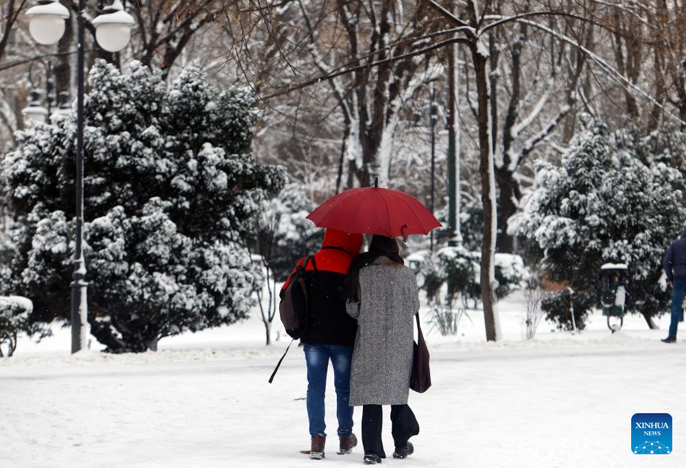 Mọi người đi dạo trong một công viên ở Bucharest giữa mùa đông lạnh giá.