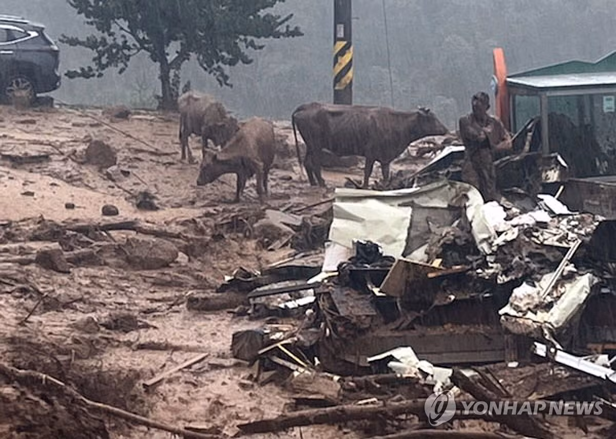 Trận lở đất ở một ngôi làng khác tại Sancheong khiến hai người khác thiệt mạng tại nhà. Quận Sancheong đã ban hành cảnh báo kêu gọi tất cả người dân sơ tán đến nơi an toàn. Ảnh: Yonhap.