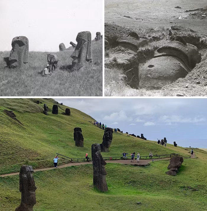 Tượng Moai ở Rano Raraku trên Đảo Phục Sinh năm 1914 (ảnh trên) so với năm 2019.
