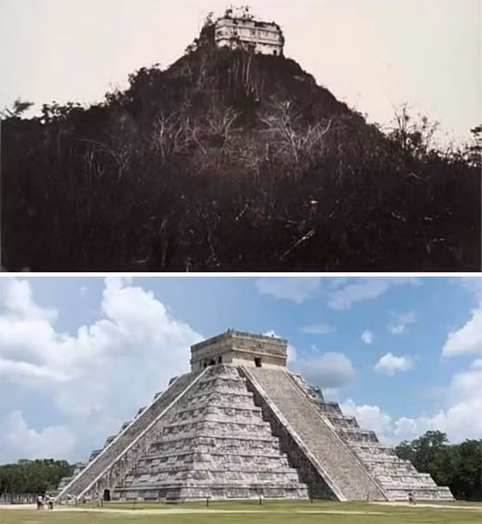 Chichen Itza (Mexico) năm 1892 (ảnh trên) và hiện tại.