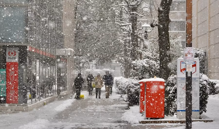 Các nhà chức trách cảnh báo rằng nhiệt độ ở mức đóng băng đã khiến đường sá trở nên trơn trượt, làm tăng nguy cơ xảy ra tai nạn giao thông và tắc nghẽn giao thông trên toàn khu vực đô thị Tokyo. Ảnh: Tuyết rơi bên ngoài ga Shin-Yurigaoka ở Kawasaki sáng 8/2. Ảnh: Japan Times.