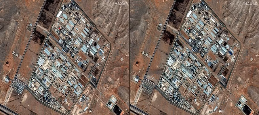 Theo Times Of Israel, Israel đã tiến hành đợt không kích dữ dội nhằm vào Iran sáng sớm 21/6. Quân đội Israel cho biết, khoảng 50 máy bay chiến đấu của không quân nước này đã tham gia vào cuộc oanh kích nhắm vào hàng chục mục tiêu ở Iran, bao gồm cơ sở hạt nhân Isfahan và 4 bệ phóng tên lửa đã được kích hoạt. Ảnh vệ tinh chụp cơ sở hạt nhân Isfahan ở miền trung Iran vào ngày 3/6/2025 (trái) và vào ngày 14/6/2025 sau khi bị Israel tấn công (phải). Ảnh: Maxar.