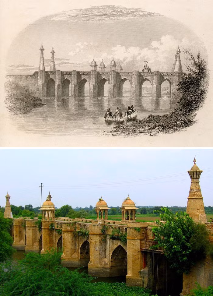 Cầu Noorabad ở Morena, Ấn Độ, năm 1829 (ảnh trên) so với năm 2010.