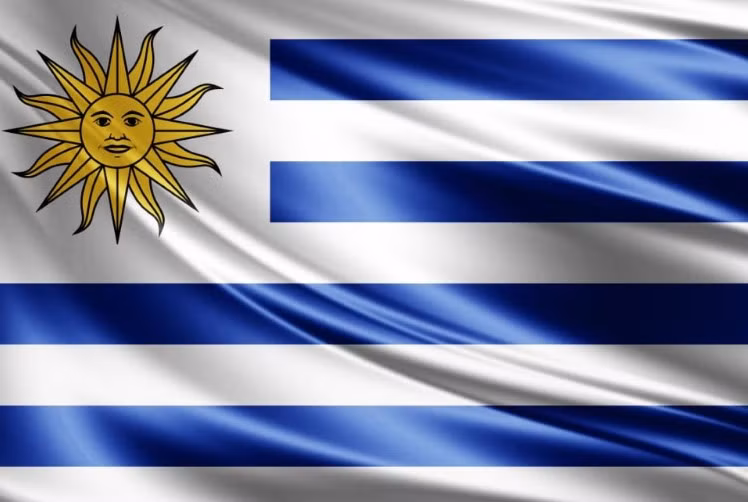 Quốc kỳ Uruguay có 9 sọc ngang màu trắng và xanh xen kẽ, tượng trưng cho 9 tỉnh ban đầu. Ở góc trên bên trái có một hình vuông với mặt trời màu vàng (Mặt trời tháng Năm), tượng trưng cho sự tự do và độc lập. Ảnh: Shutterstock.