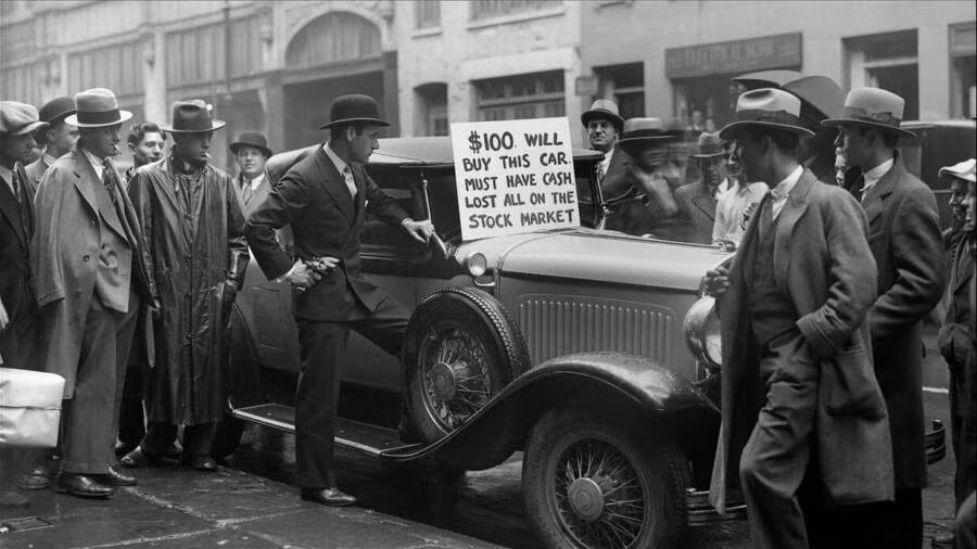 Một người đàn ông bán xe của mình sau cuộc khủng hoảng thị trường chứng khoán năm 1929.