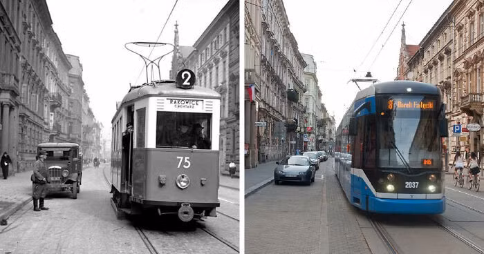Thành phố Kraków, Ba Lan, năm 1939 (trái) và năm 2010.