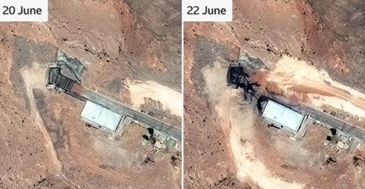 Thiệt hại cũng được ghi nhận gần lối vào đường hầm tại Trung tâm Công nghệ Hạt nhân Isfahan của Iran sau khi nơi này bị Mỹ oanh kích. Ảnh: BBC.