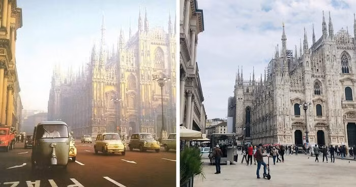 Milan, Italy, vào những năm 1950 (trái) và năm 2021.