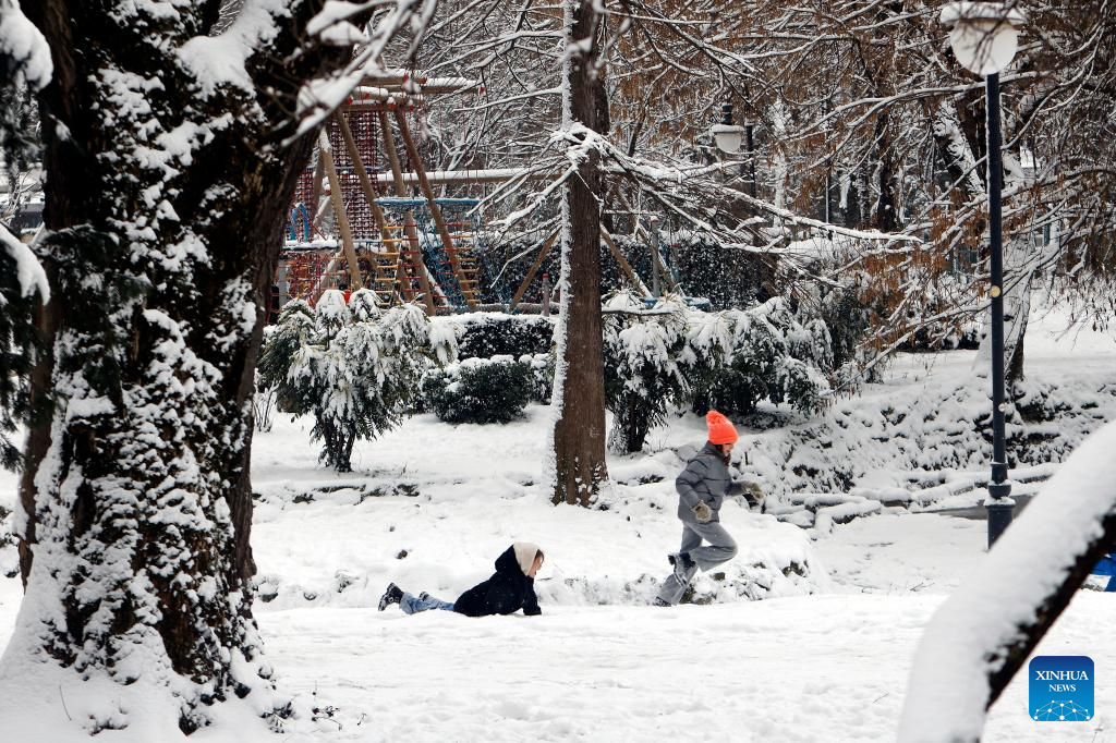 Hai em nhỏ thích thú chơi đùa giữa khung cảnh tuyết trắng.