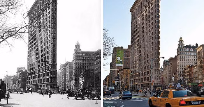 Tòa nhà Flatiron ở New York (Mỹ) năm 1917 (trái) dường như không thay đổi nhiều so với năm 2012.