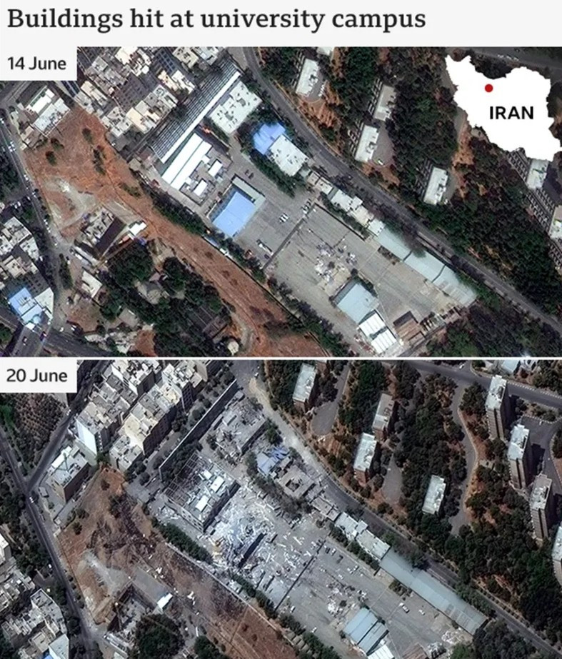 Các hình ảnh vệ tinh mới khác cũng cho thấy thiệt hại chưa từng thấy trước đây tại một trường đại học ở phía đông bắc Tehran và một khu vực liền kề với một sân bay lớn ở phía tây thủ đô. Ảnh: BBC.