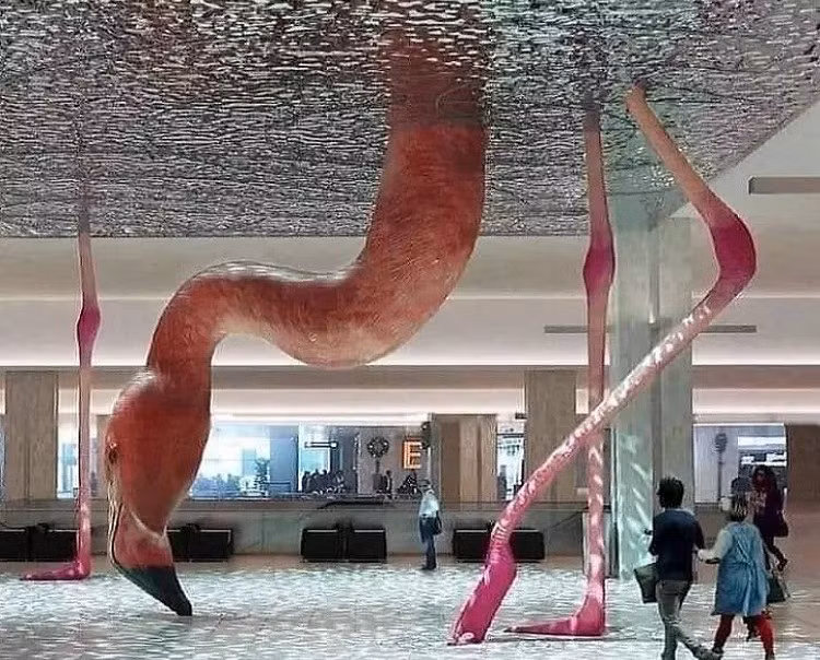 Bức ảnh siêu thực này được chụp bên trong sân bay quốc tế Tampa ở Florida, Mỹ. Tác phẩm điêu khắc chim hồng hạc trở thành điểm nhấn đặc biệt của sân bay này, tạo cảm giác như đang ở trong một hồ nước. (Nguồn ảnh: Bored Panda)