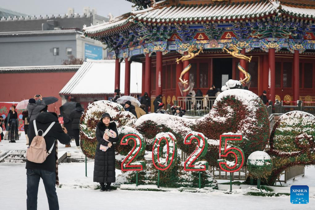 Du khách chụp ảnh lưu niệm khi tham quan Cố cung Thẩm Dương, tỉnh Liêu Ninh, trong một ngày mùa đông lạnh giá.