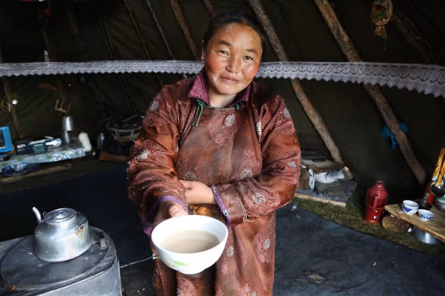 Người phụ nữ mời khách uống Suutei tsai, một loại trà sữa truyền thống ở Mông Cổ.