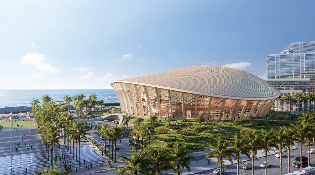 Phối cảnh Nhà biểu diễn đa năng. Công trình khoác lớp vỏ lấy cảm hứng từ họa tiết vảy Rồng, gợi nhắc truyền thuyết “Con Rồng cháu Tiên”, câu chuyện nguồn cội thiêng liêng của dân tộc Việt và linh vật với sức mạnh, vương quyền của văn hóa phương Đông. Mái nhà hát được nâng đỡ bởi 50 cột trụ tượng trưng cho 50 người con theo cha xuống biển. Tổng thể tạo nên một công trình hiện đại nhưng giàu biểu tượng, nơi nghệ thuật, lịch sử và văn hóa Việt Nam hòa quyện.