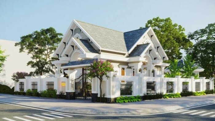 Mang trong mình vẻ đẹp sang trọng, tinh tế và hiện đại, nhà mái thái giả biệt thự đang trở thành xu hướng kiến trúc hiện nay. Mái thái có độ dốc cao cùng gam màu trung tính tạo điểm nhấn cho căn nhà. (Ảnh: Kienthietviet)