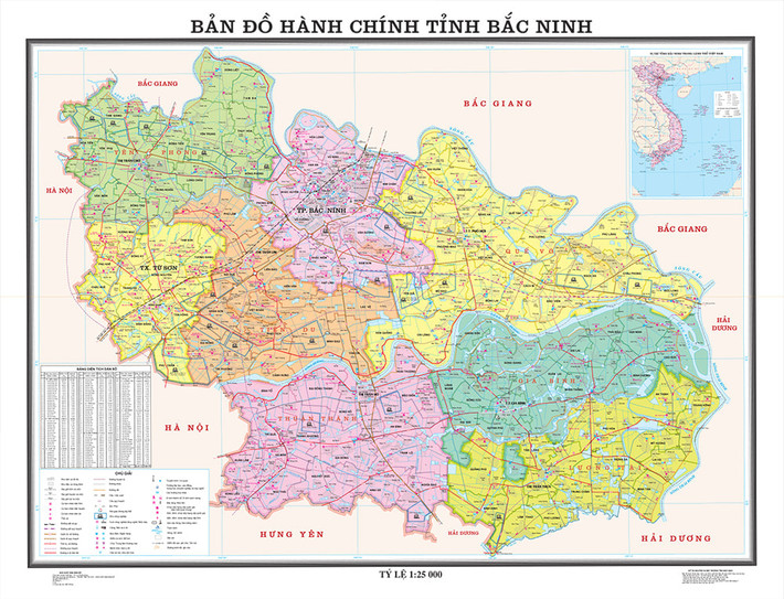 10 tỉnh thành có diện tích nhỏ nhất nước: Tổng diện tích đất tự nhiên của tỉnh Bắc Ninh là 822,71 km2. Tỉnh Bắc Ninh có 8 đơn vị hành chính cấp huyện, bao gồm 1 thành phố, 1 thị xã và 6 huyện với 126 đơn vị hành chính cấp xã, bao gồm 31 phường, 6 thị trấn và 89 xã.